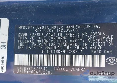 2009 Toyota Camry Le from USA, damaged, VIN 4T1BE46KX9U358511